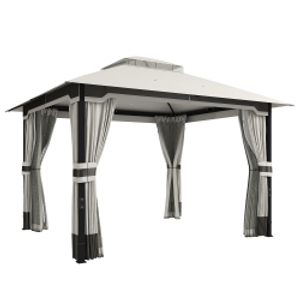 Outsunny 3 x 3.6 m Outdoor Garden Gazebo with Netting and Curtains, Double Roof Patio Gazebo Permanent Pavilion, Light Grey