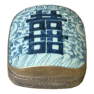 5" Chinese Old White Base Blue Scroll Happiness Porcelain Art Pewter Box