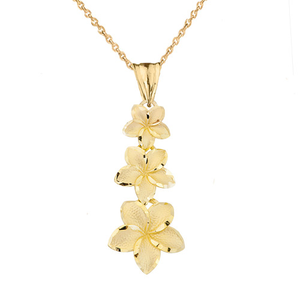 Gold Diamond Cut Hawaiian Plumeria Flower Pendant Necklace (Available in Yellow/Rose/White/Tri-Color Gold)