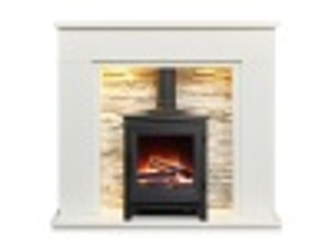 Acantha Amalfi White Marble Fireplace with Downlights & Halo Electric Stove in Black, 48 Inch