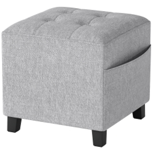 HOMCOM Square Footstool, Small Ottoman with Side Pocket, Linen Fabric Footrest Foot Stool with Rubber Wood Legs and Padded Seat for Living Room, Bedroom, Entryway, 35 x 35 x 35cm, Light Grey