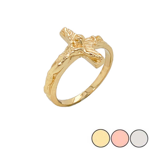 Gold Sideways Jesus Christ Crucifix Cross Ring (Available in Yellow/Rose/White Gold)
