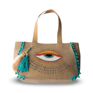 Antalya Hand-Painted Evil Eye Beach Bag – Turquoise Pom Pom Edition