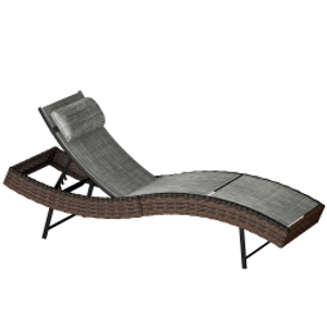 Outsunny Rattan Sun Lounger, Garden Recliner with 5 Position Adjustable Back, S Shaped Texteline Seat, Headrest, Brown