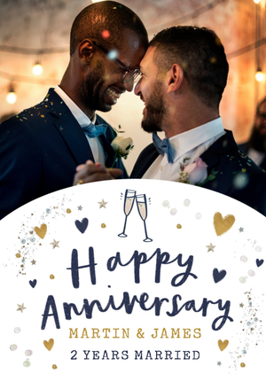 Confetti & Champagne Illustrated Photo Upload Anniversary Card