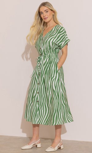 Printed Button Down Midi Dress - Khaki/White