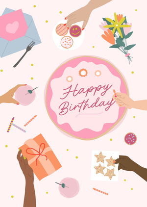 Happy Birthday Hand Drawn Illustrated Cake And Gifts Card