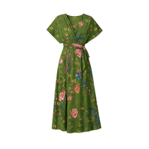 Yumi Bird And Floral Print Ruched Waist Kimono Midi Dress Green (XL)