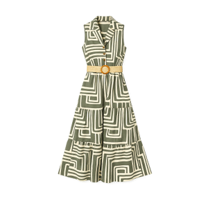 Yumi Green Viscose Geo Print Midi Shirt Dress With Matching Belt (S)