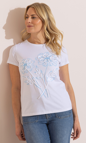 Anna Rose Floral Applique T-Shirt - White/Blue
