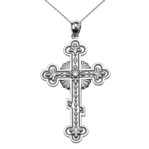 .925 Sterling Silver Cubic Zirconia Eastern Orthodox Cross Milgrain Pendant Necklace