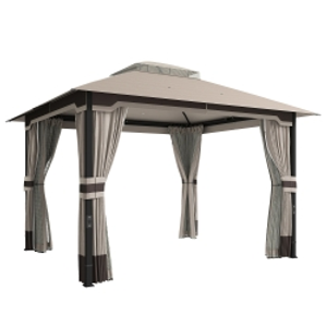 Outsunny 3 x 3.6 m Outdoor Garden Gazebo with Netting and Curtains, Double Roof Patio Gazebo Permanent Pavilion, Khaki