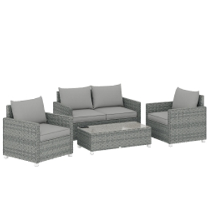 Outsunny 4 Piece Rattan Garden Furniture Set with Loveseat, 2 Armchairs, Glass-Top Table, Wicker Patio Conversation Set, Grey