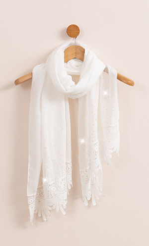 Lightweight Embellished Lace Trim Scarf - White