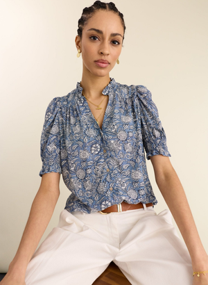 Nolan Printed Blouse - UK 14 | EU 40 | US 10 / Denim Woodblock Print