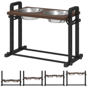 PawHut Raised Dog Bowls with Stand, 4 Heights Adjustable Pet Feeder with 3 Adjustable Angles for Small, Medium & Large Breeds, Brown
