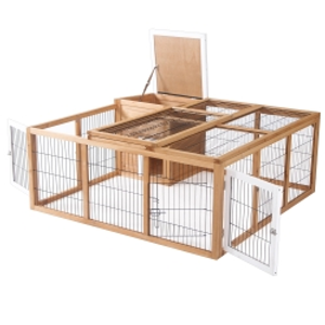 PawHut Small Animal Hutch with Outdoor Run, Openable Roof, Weatherproof, 123 cm x 120 cm x 52 cm, Brown