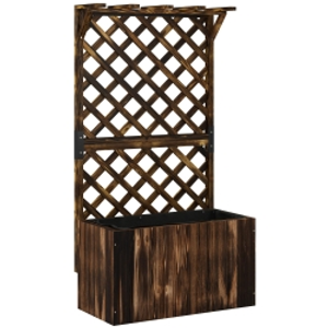 Outsunny Wooden Planter with Trellis, Freestanding Raised Garden Bed with Drainage Holes, Outdoor Planter Box with Liner for Vegetables, Herbs and Flowers, Carbonised