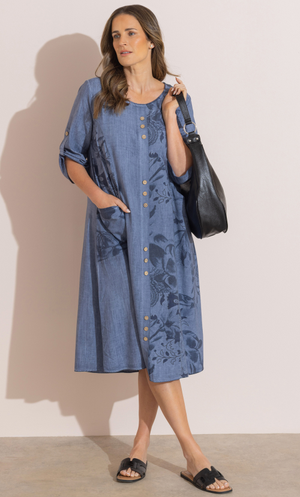 Printed Relaxed Fit Linen Blend Dress - Blue