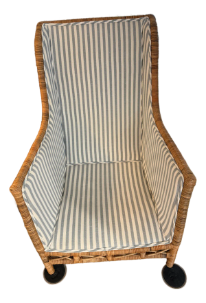 Casa Gusto Wingback "Old Florida" Style, Oversized, Woven Wingback Chair. Padded and Upholstered in Schumacher Fabrics With Very Plump Down Cushions.