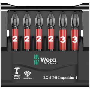 Wera 05057691001 50mm Long Bit-Check Diamond-coated Phillips Impaktor Bit Set 6 Piece