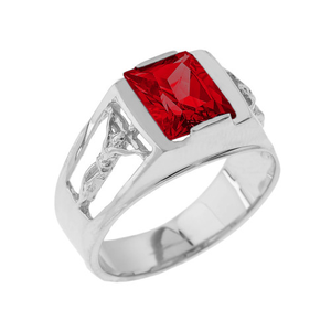 Sterling Silver Crucifix Cross Lab Created Gemstone Men's Ring