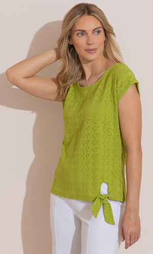 Eyelet Embroidered Tie Front Jersey Top - Lime