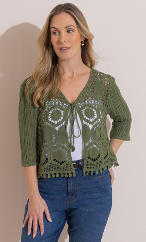 Tie Front Crochet Cardigan - Thyme
