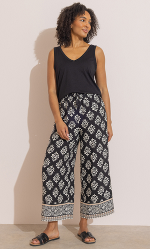 Printed Wide Leg Trousers - Black