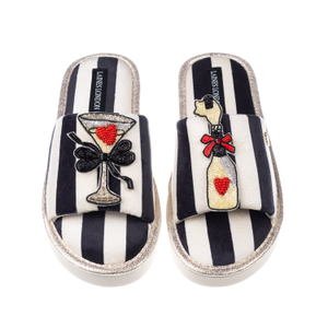Flatform Stripe Open Toe Slippers With Popping Champagne Brooches - Black & White (M)