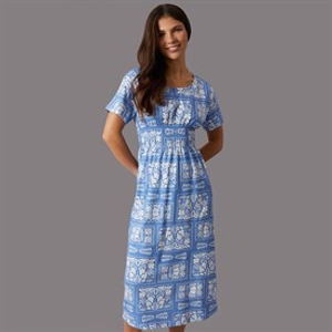 Onfire Womens Smocked Waist Midi Dress Blue Print