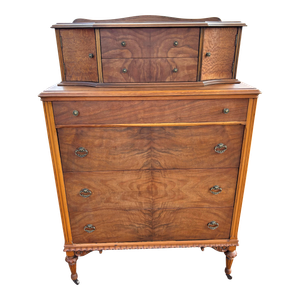 1920s Antique Burled Mahogany and Walnut Highboy Dresser on Casters