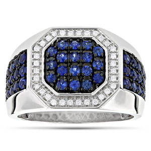 Unique 10K or 14K Gold Diamond and Blue Sapphire Men's Ring by Luxurman 1.8ctw