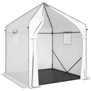 Outsunny Walk-in Greenhouse for Outdoors with Steel Frame, Large Plant House with Roll-up Door and PE Ground Cover, White