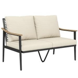 Outsunny 2 Seater Rattan Sofa, Outdoor Garden Sofa with Wood-Effect Armrests, Cushions for Patio, Balcony, Khaki