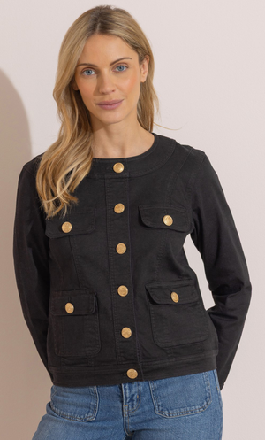 Collarless Cotton Blend Denim Jacket - Black