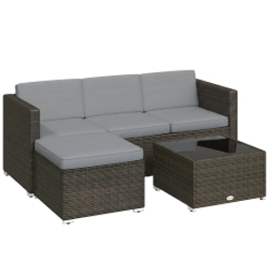 Outsunny 3 Pieces Garden Furniture Set w/ Cushions, PE Rattan Wicker Conversation Corner Sofa Set, Light Grey