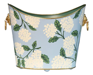 Matthew Izzo Home Wastebasket - Hydrangea Handpainted Oval Metal With Goldtone Lionhead Handles