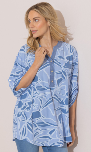 Embellished Printed Relaxed Fit Cotton Top - Blue