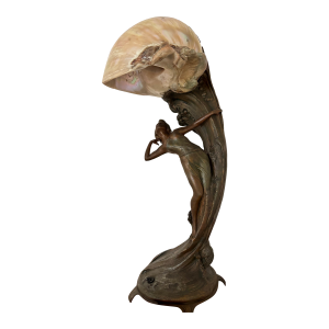 Early 20th Century Art Nouveau Mermaid Lamp With Conch Shell Lamp