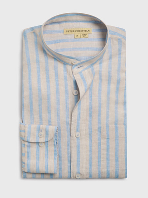 Blue & Natural Stripe Linen Nehru Shirt