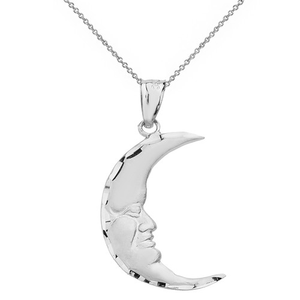 Sterling Silver Diamond Cut Crescent Moon Face Pendant Necklace