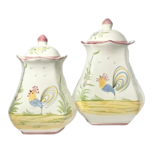 1990s Jay Willfred “Roosters” Pair of Ceramic Kitchen Canister Jars- Set of 2