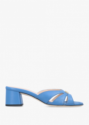 Blue Leather Cutaway Mid Heel Mules