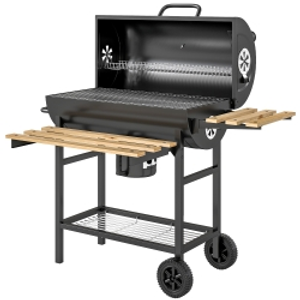 Outsunny Charcoal Grill, Barrel BBQ Smoker with Warming Rack, Charcoal BBQ Grill with Foldable Shelves, Natural Wood and Black