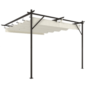 Outsunny Pérgola de Pared de Jardín 3x3 m con Techo Retráctil Protección UPF30+ Drenaje Cenador de Jardín para Exterior Crema