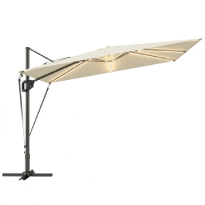 Outsunny 3 x 3 m Garden Cantilever Parasol w/ Light, Cover, UPF50+ Patio Umbrella w/ Wind Protection, 360° Rotation, Cream White