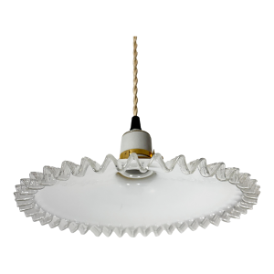 French White Opaline Glass “Frill” Pendant Light, 1930s