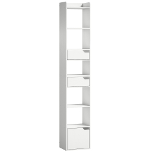 HOMCOM Estantería para Libros con 2 Cajones y Puerta Librería Estrecha con 6 Estantes Abiertos 32x24x181,5 cm Blanco