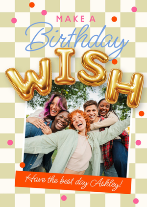 Make A Birthday Wish Gold Balloon Letters Photo Upload Card